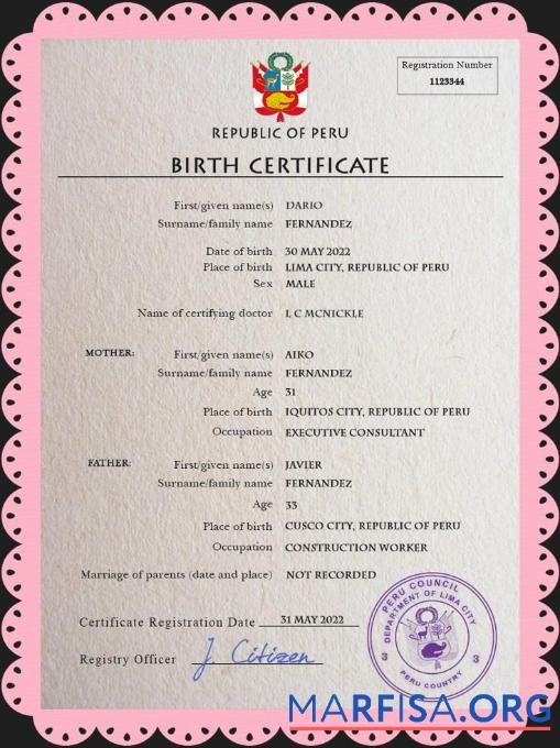 Realistic Peru vital record birth certificate PSD template
